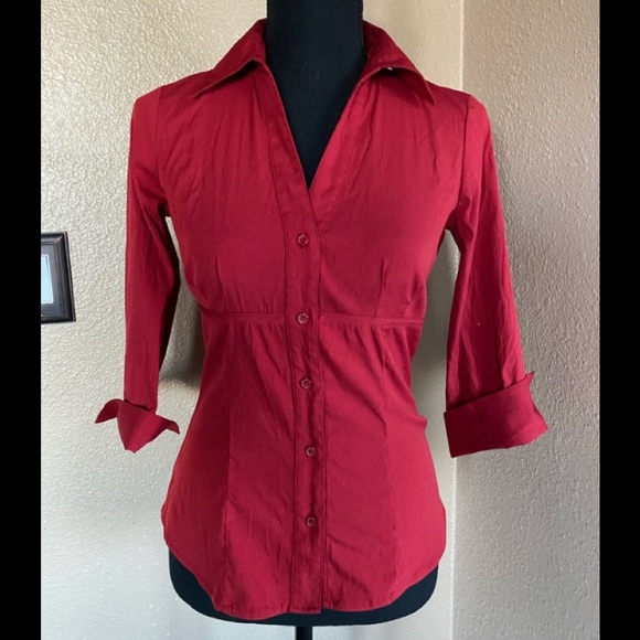 Women's Fred David Tapered Button Down Mid Sleeve Red Blouse Top #W-115 - Picture 2 of 5